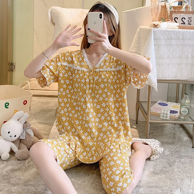 

Fdfklak New Floral Printed Rayon Cotton Women Pajamas Set Fresh Style Short Sleeve Cropped Pant 2 Pieces Summer Girls Sleepwear