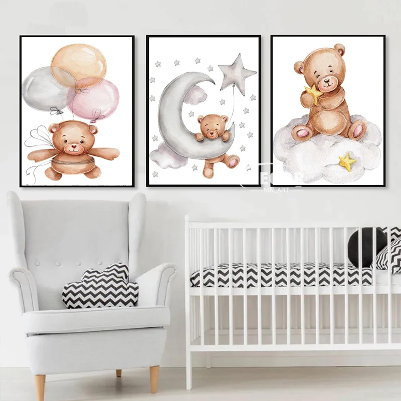 

Cute Teddy Bear Kids Room Canvas Painting Frame Poster Cartoon Animals Picture Nursery Child Wall Art Bedroom Decor Baby Decor