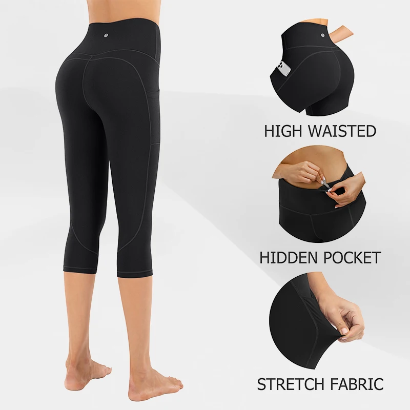 Gymclick Women Capri Yoga Pants High Waist Fitness Pockets Stretch Workout Sweatpants Sport Running Hip Butt Lift Tights.