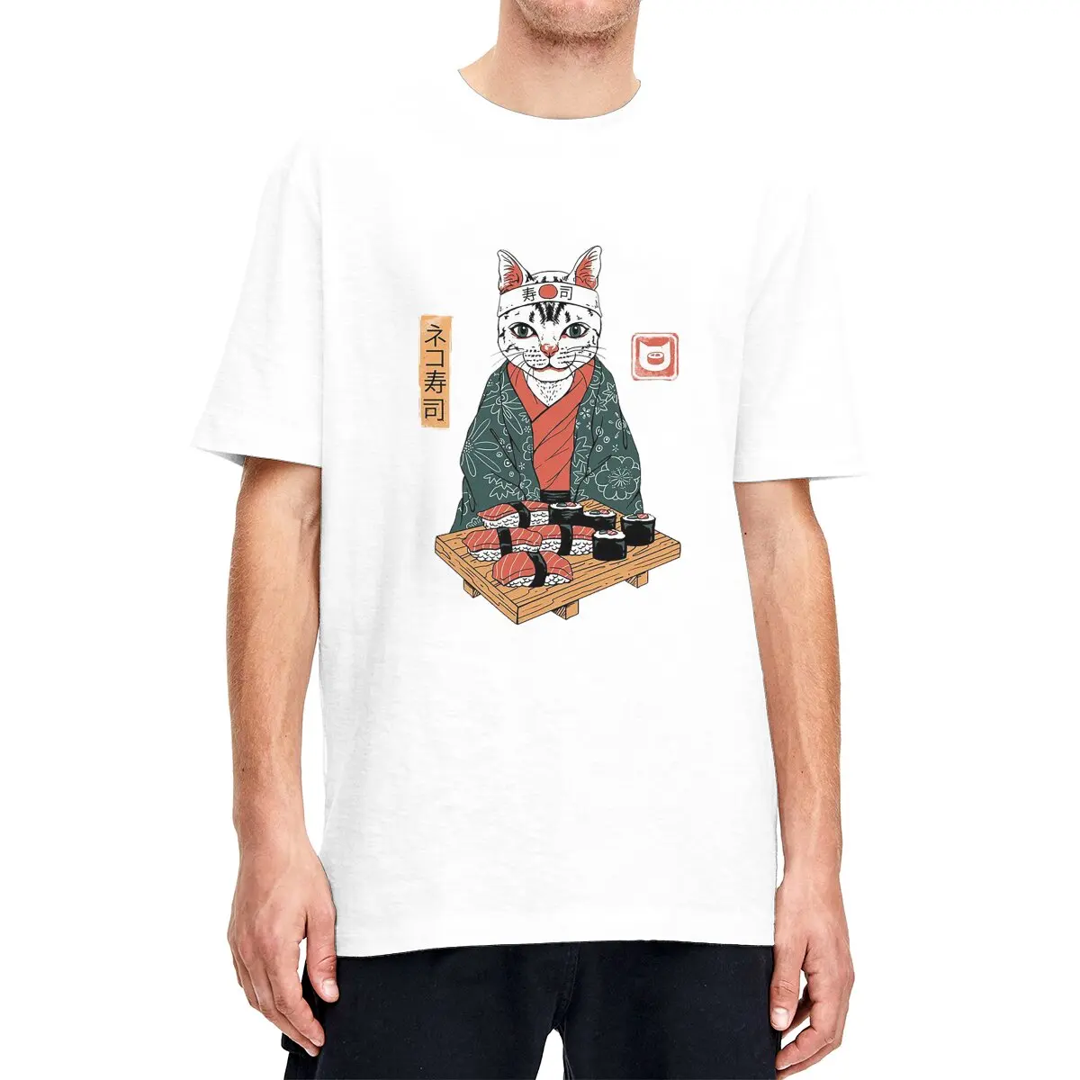

Fashion Harajuku Summer Japanese Anime Neko Sushi Cat T-Shirt Men Oversized Short Sleeve Funny Print 100% Cotton Unisex Tops