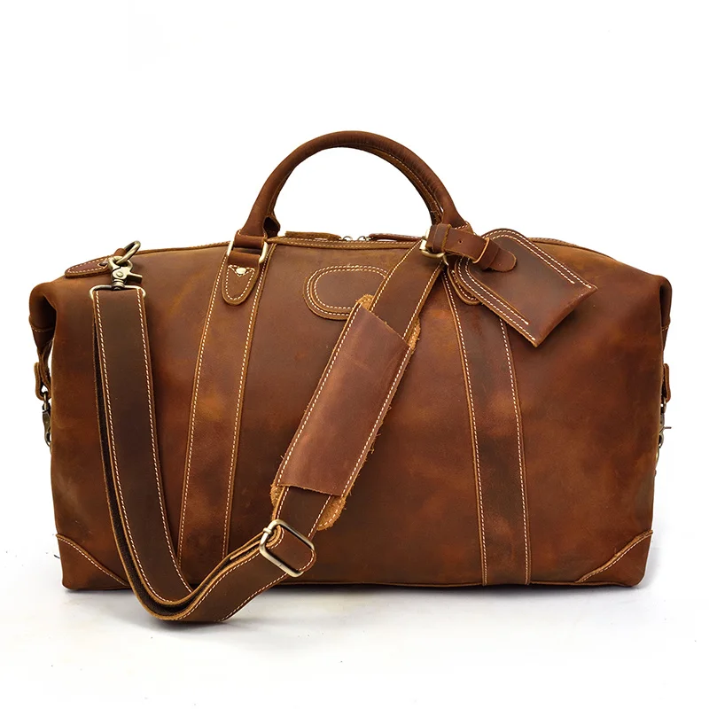 100% Genuine Crazy Horse Leather Men Travel Bags With Rivet Big HandBag For Male Cowhide Duffel Bag Mans Travelling Bag luxury