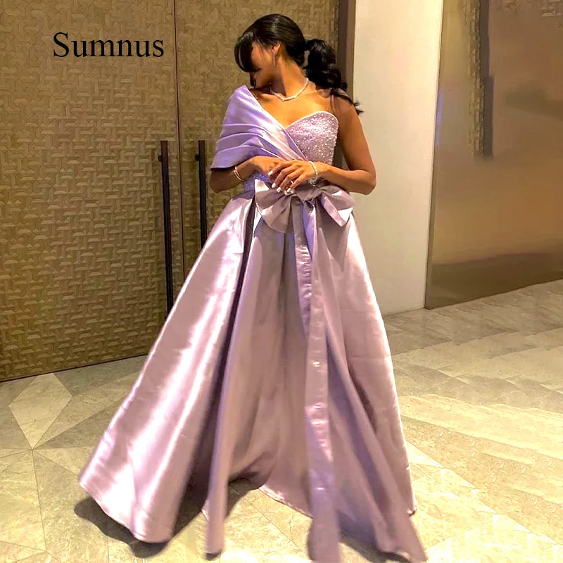 

Sumnus Purple Satin One Shuolder Evening Dresses Bow Sequins Neck A Line Floor Length Evening Gowns Elegant Dubai Prom Dress