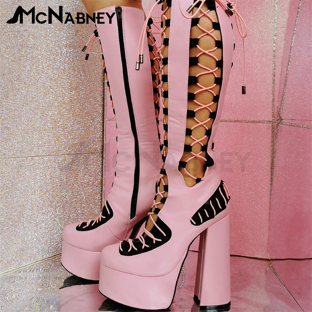 Pink and Black Mixed Color Knee Boots Lolita Style Sexy Women High Heels Platform Thick Heel Summer Boots Lace-Up Boots Sandals