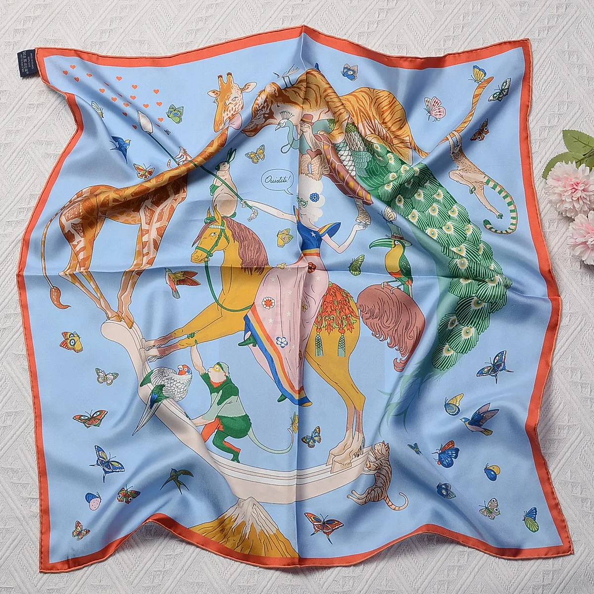 100% Pure Twill Silk Scarf For Ladies Animals Print Square Scarves Small Head Handkerchief Hijab Rolled Wraps Female Bow Ties