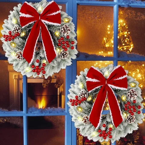 Рождественские венки с подсветкой, 9,8 дюймовый предварительно зажженный Рождественский мини-венок с красным бантом, венок с искусственными иглами и лампочками, 2 шт.