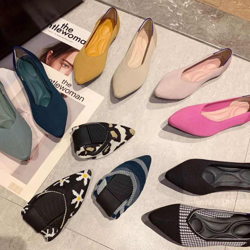 

2023 Woman Knit Pointed Shoes Women's Flat Shoes Ballet Shoes Mixed Color Shoes Zapatos De Mujer Moccasin Large Size 43