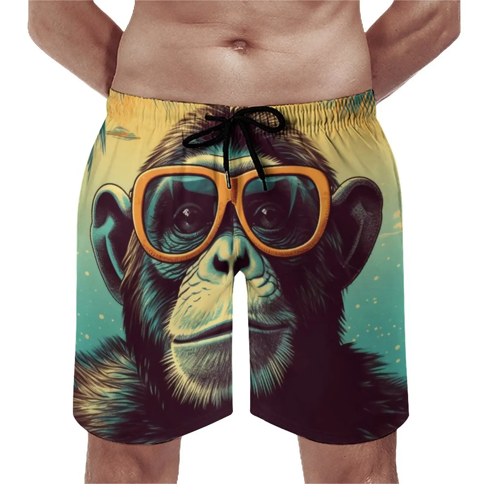 

Summer Gym Shorts Monkey Surfing Graphic Illustration Sunny Beach Sunglasses Design Beach Shorts Fashion Quick Dry Swim Trunks