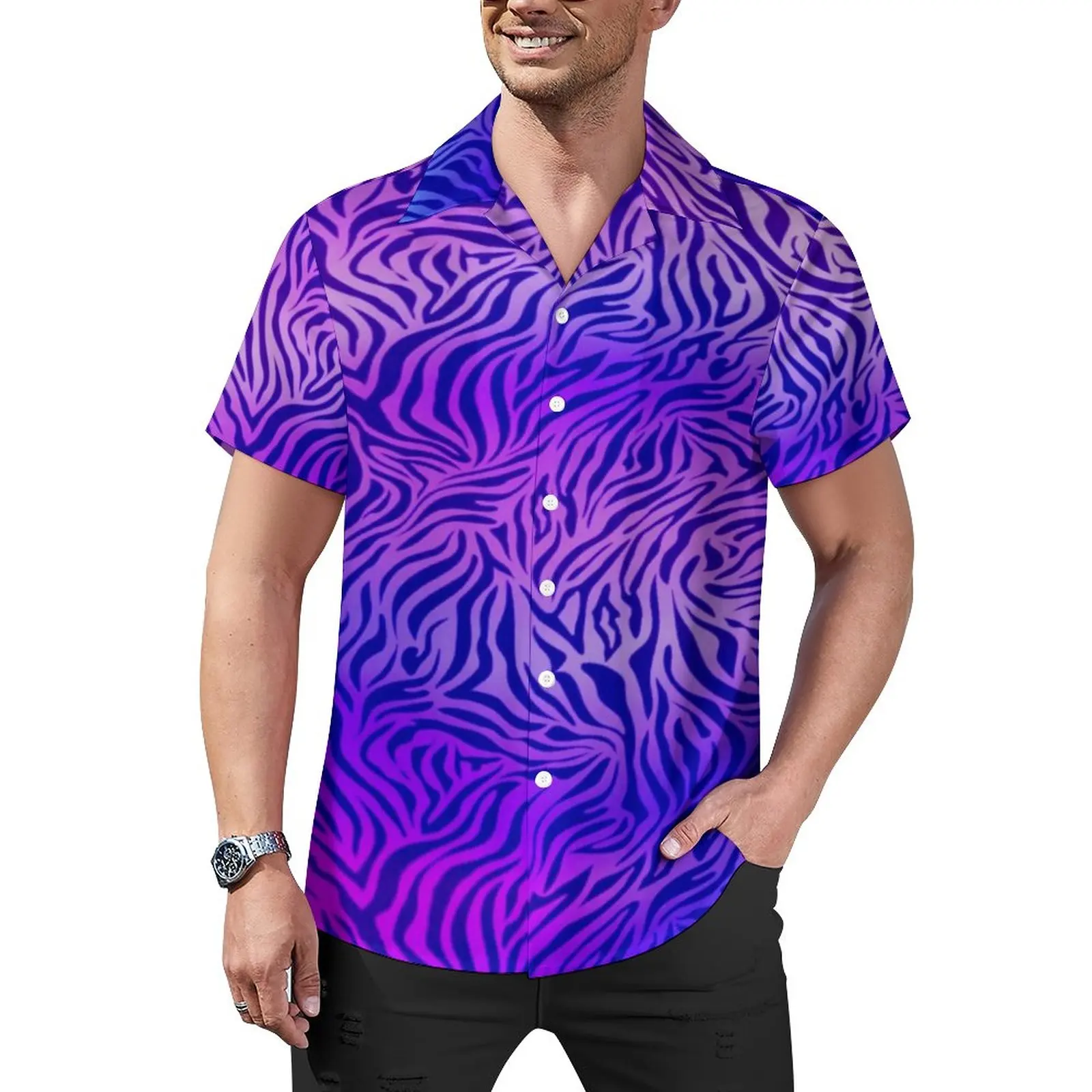 

Blue Purple Zebra Loose Shirt Men Beach Animal Print Casual Shirts Hawaiian Graphic Short-Sleeve Funny Oversized Blouses