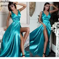 Long Sexy Cheap  V Neck Blue-green Evening Dresses  Split Satin Carpet Holiday Plus Size Evening Dresses For Women Hi Low Dress