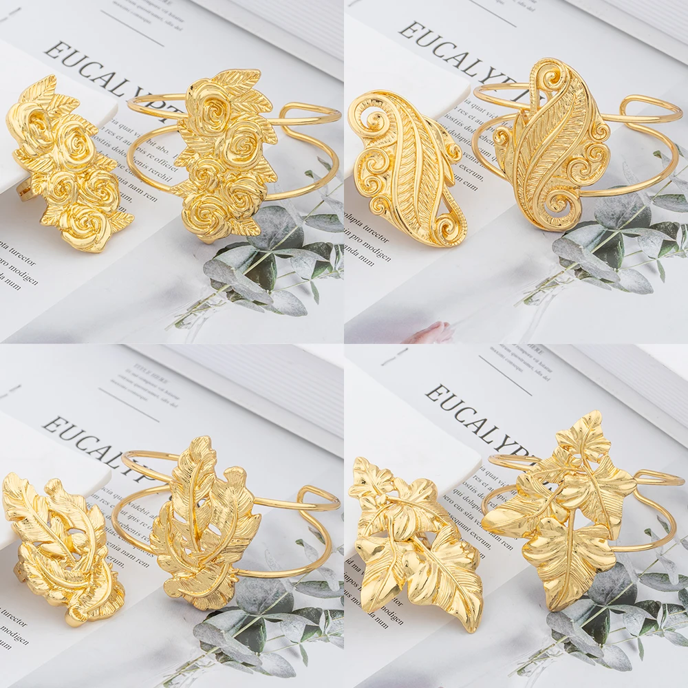 

Gold Plated Cuff Bangle with Ring For Women Dubai Copper Bracelet Adjustable Ring Nigerian Wedding Party Gift Jewelry Accessory