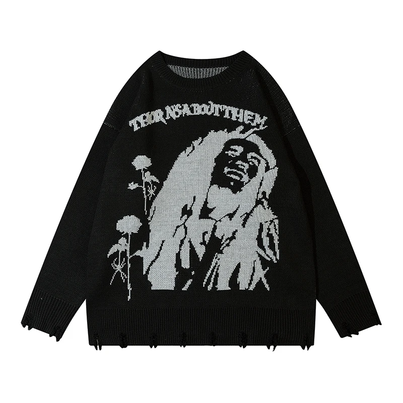 

Harajuku Letter Character Flower Print Graffiti Retro Men's and Women's Sweaters High Street Patchwork Pullover Knitted Tops