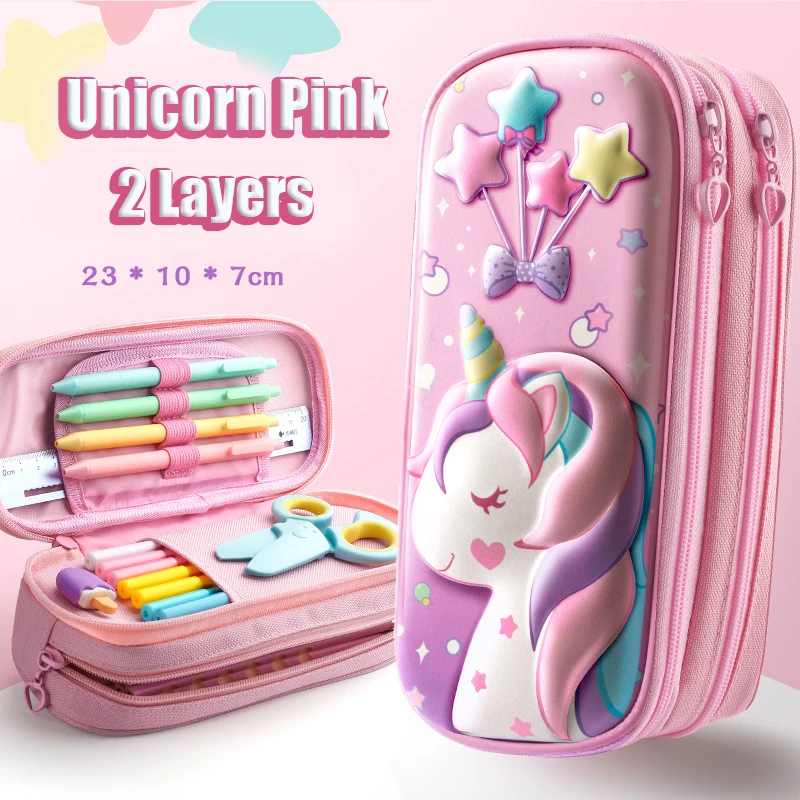 Case Unicorn Double Layers Organizer Cute Pen Pouch Box For Girl Boy School Office Supplies Students Stationery
