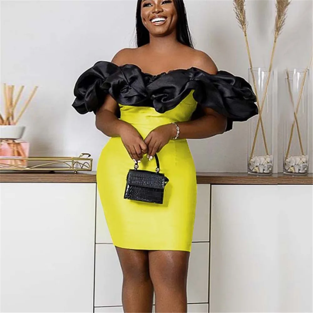 

Dress Sexy One-word Neck Off-the-shoulder Black Stitching Sleeves Waist Bag Hip Short Skirt Banquet Party Dress Summer 2022 New