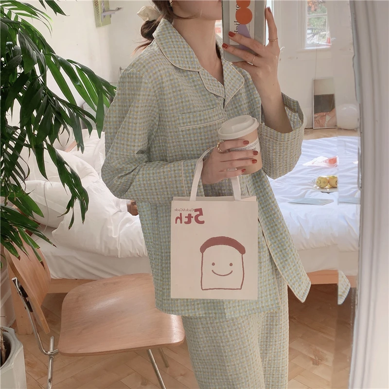 

Heart Print Autumn Pajamas Set Women Single Breasted Shirts + Trousers Cotton Two Piece Home Suit Casual Sleepwear Plaid