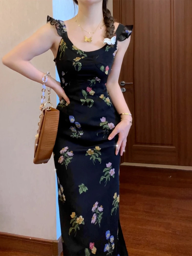 Женское платье с цветочным принтом маленькое во французском стиле длинным