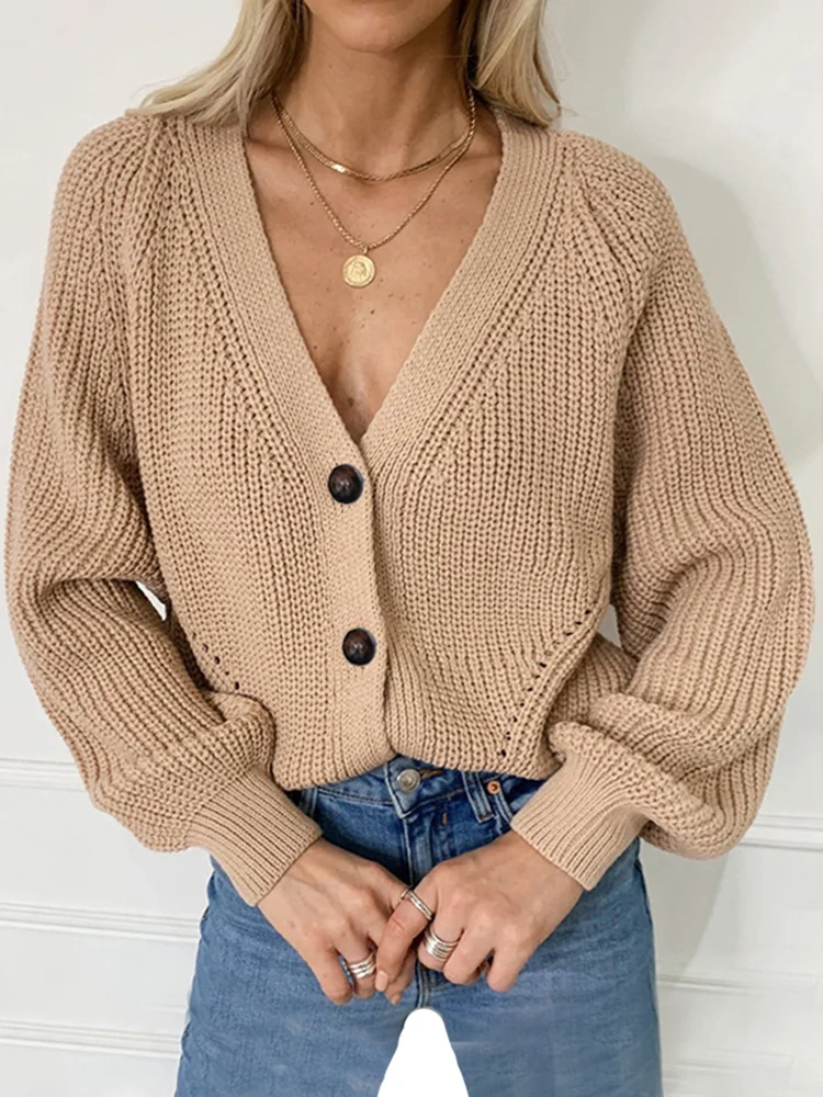 

Women Knitted Cardigans Sweater Fashion Autumn Long Sleeve Loose Coat Casual Button Thick V Neck Solid Female Tops 2023