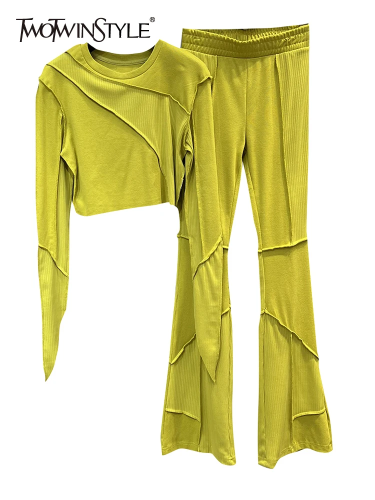 

TWOTWINSTYLE Solid Two Piece Sets For Women Round Neck Long Sleeve Tops High Waist Wide Leg Pants Loose Set Female Fashion New