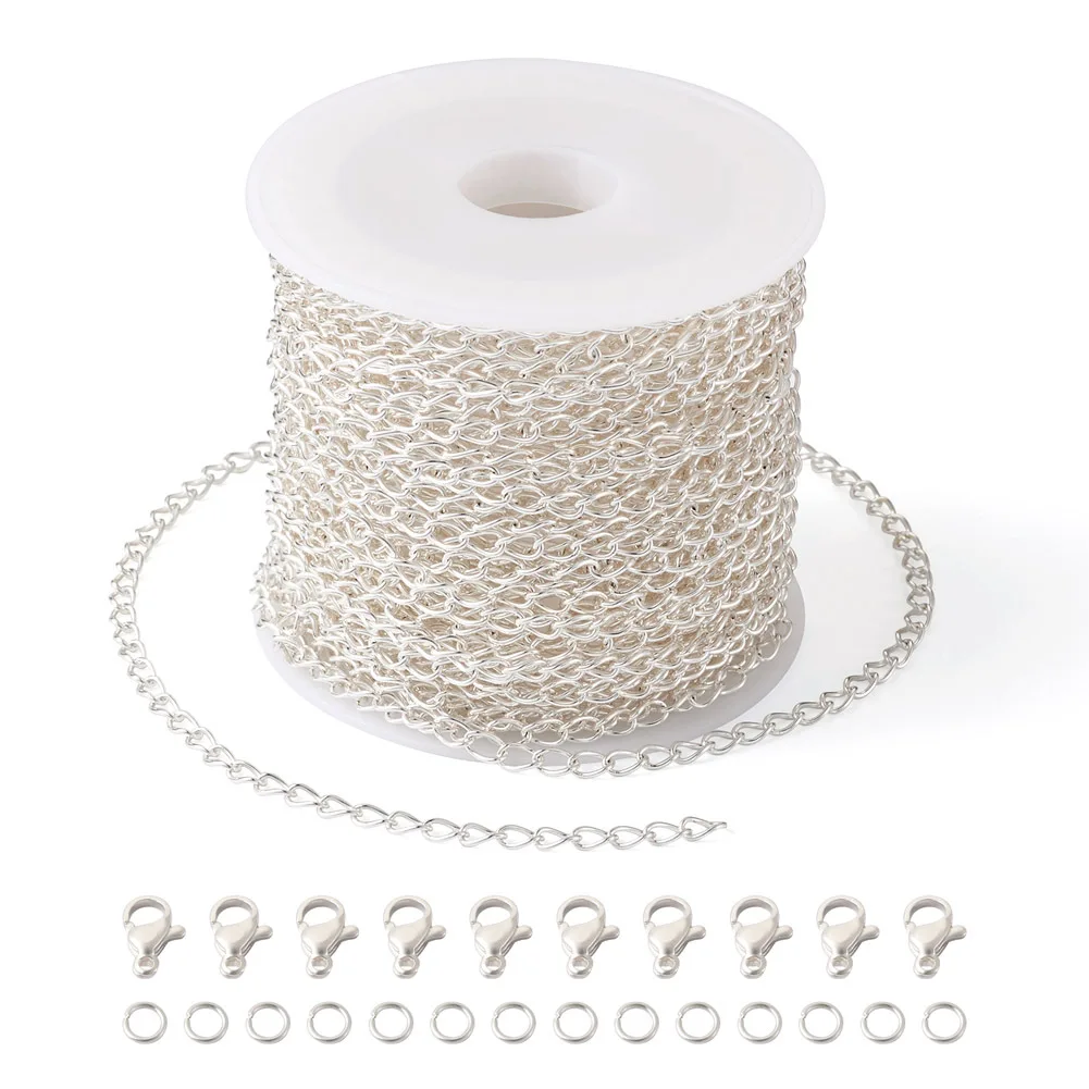 

10m/Roll Silver Color Chain 304 Stainless Steel Curb Chain Making Kit for Women Men Fashion DIY Jewelry Bracelet Necklace Choker