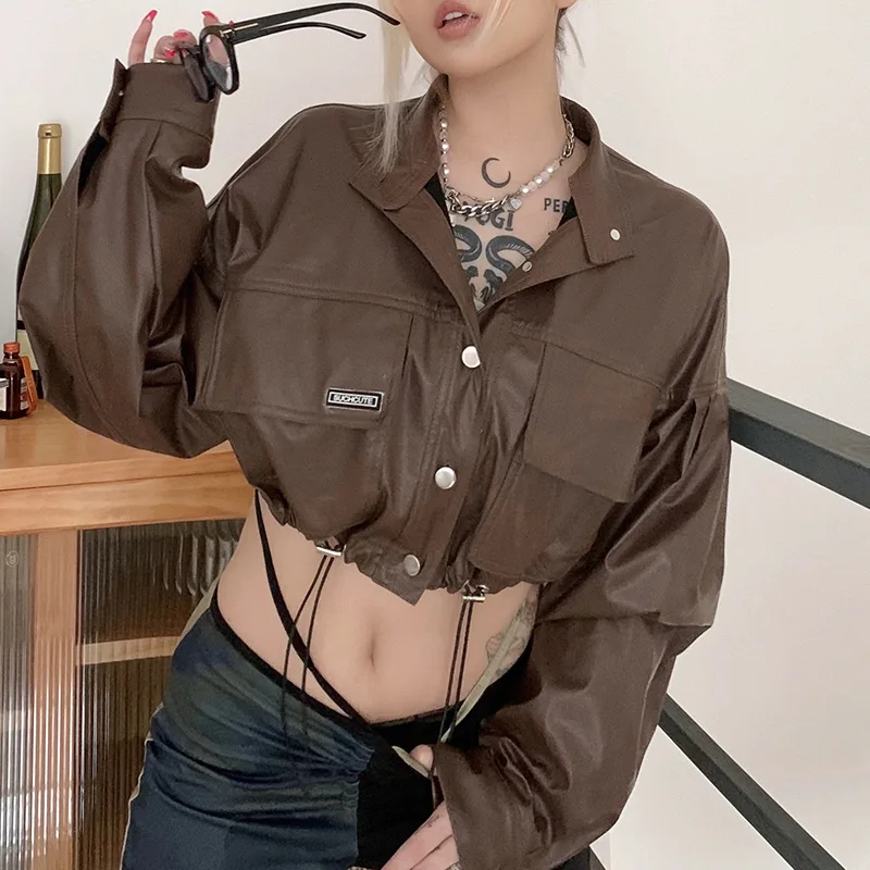 Trendy Single-breasted Leather Jacket with Lapel Faux Leather Jacket Biker Winter Coat Patent Leather Cropped Brown Tops Jacket