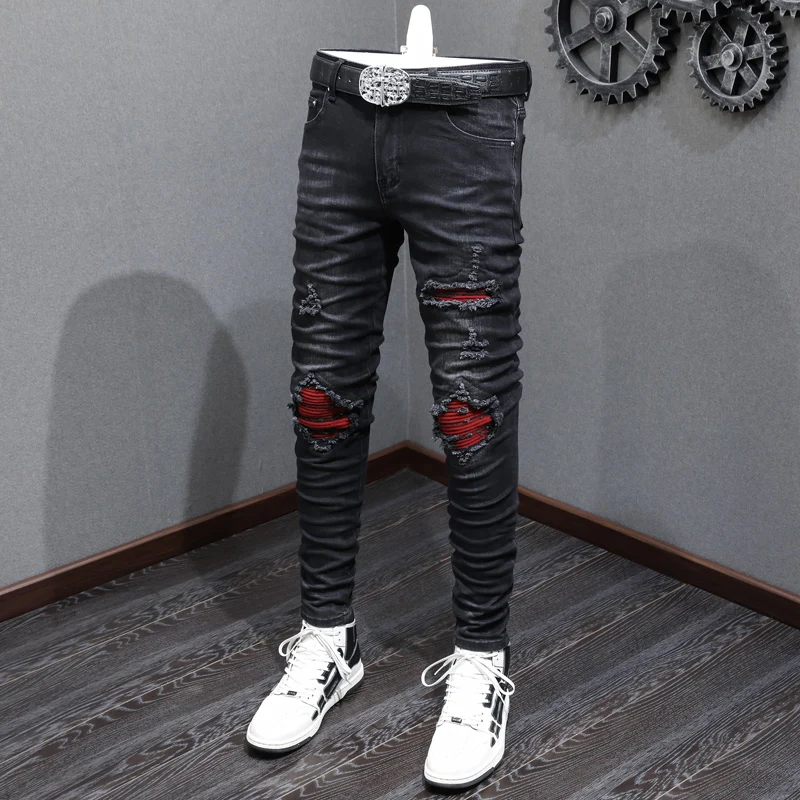 High Street Fashion Men Jeans Retro Black Gray Stretch Skinny Ripped Jeans Men Red Patched Designer Hip Hop Brand Pants Hombre