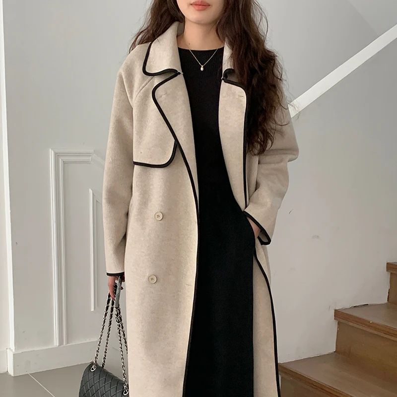 Clothland Women Elegant Long Woolen Jacket Double Breasted Long Sleeve Belt Sashes Khaki Office Wear Long Coats CA478