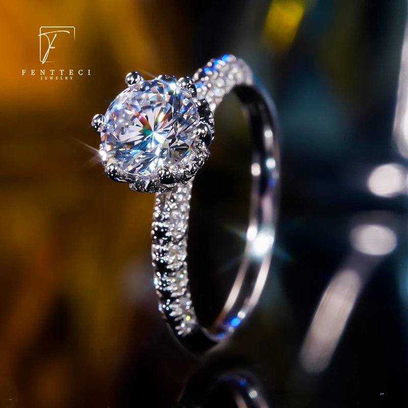 FENTTECI Luxury S925 Sterling Silver Platinum Plated Ring Flower Ring Moissanite Diamond Ring for Women Engagement Wedding Bands