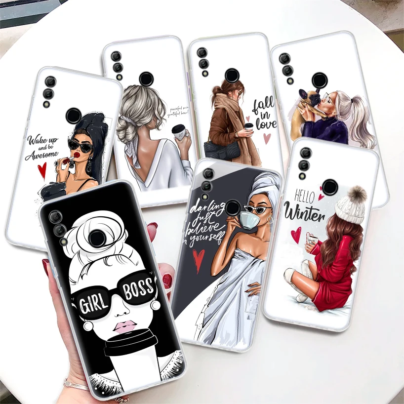 

Princess Female Boss Coffee Coque Phone Case For Huawei Honor 8A 8S 8X 9X 10 Lite 9 20 Pro Y5 Y6 Y7 Y9S P Smart Z 2019 2021 Soft