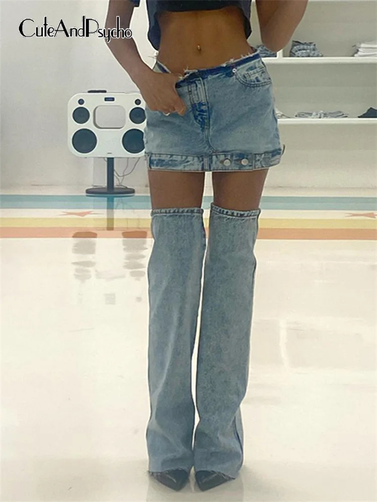 

Cuteandpsycho Y2K Aesthetic Denim Mini Skirt And Jeans 90s Vintage Pockets Zipper Cargo Jeans Chic Streetwear Women Matching Set