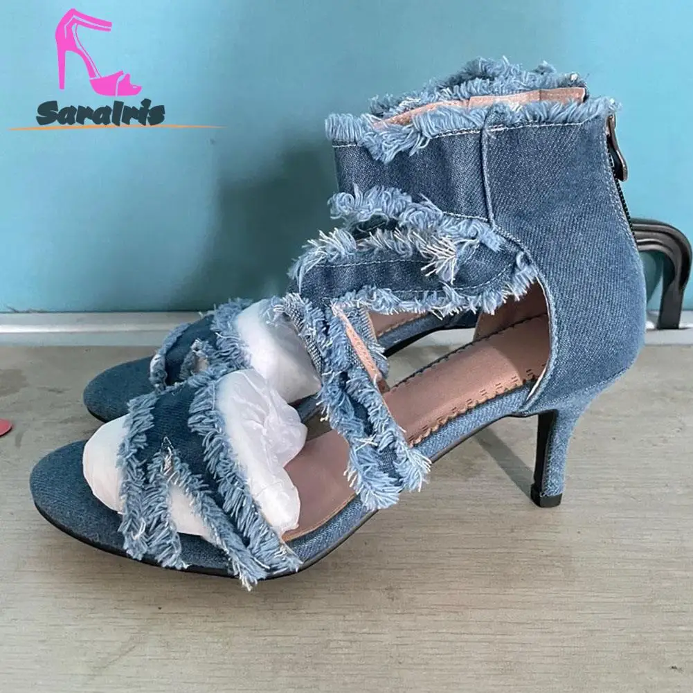 Blue Denim Women Sandals Summer 2023 Hot Fashion Simply Peep Toe High Heels Sandals Ankle Strap Zipper Comfortable Single Shoes