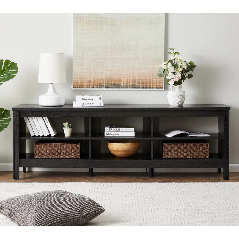 

TV Stand for 75 inch TV with 6 Open Shelves, Wood TV Console Entertainment Center for LIving Room, Black