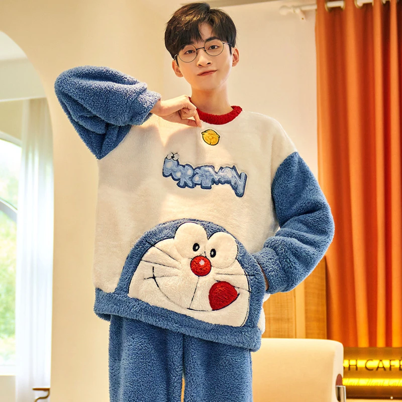 Winter Thicken Couples Pajamas Suit Women Men Cartoon Doraemon Pijamas Sets Sleepwear Soft Warm Korean  Pyjama  Femme Lovers Set