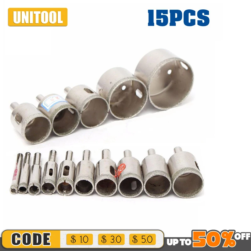 

15pcs 6mm-50mm Diamond Drill Bits Coated HSS Drill Bit Tile Marble Glass Ceramic Hole Saw Drilling Bits Extractor Remover Tools