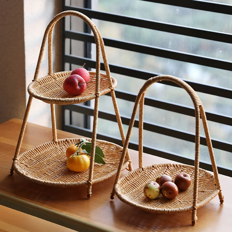

MiFuny Fruit Storage Tray Multi-layer Dried Fruit Candy Snack Rack Afternoon Tea Tray Manual PP Rattan Imitation Woven Bracket