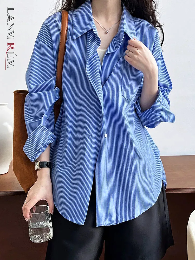 

[LANMREM] Striped Shirt Women Lapel Single Breasted Long Sleeve Office Lady Blouses Female Fashion Tops 2023 Autumn New 26D6110