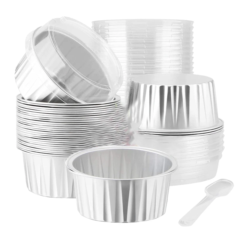 

100Pcs Aluminum Foil Cupcake Liners Cups With Lids And Spoon , 5Oz Disposable Cake Cups For Wedding Birthday Party