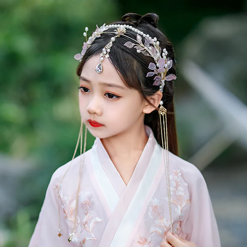 Hanfu Forehead Jewelry for Women Girls Hair Accessories Long Tassel Headbands Hairband Simulated Pearl Leaf Tiaras and Crowns