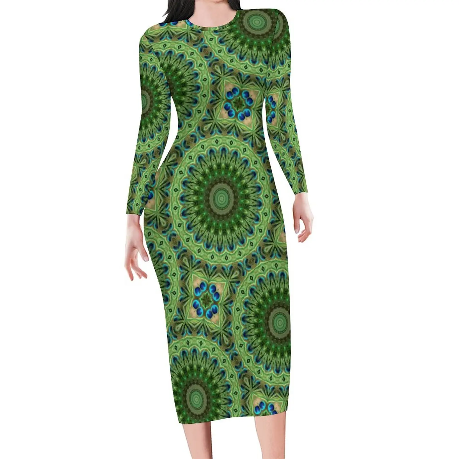 

Платье с длинным рукавом, абстрактным павлином и медальонами