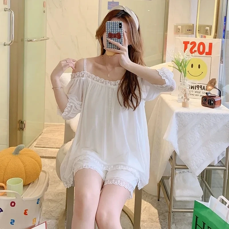 Pajamas For Women Set 2 Pieces Summer Short-Sleeved Sleepwear  Suspenders Nightdress Korean Kawaii Lace Mesh Thin Sexy Home Wear
