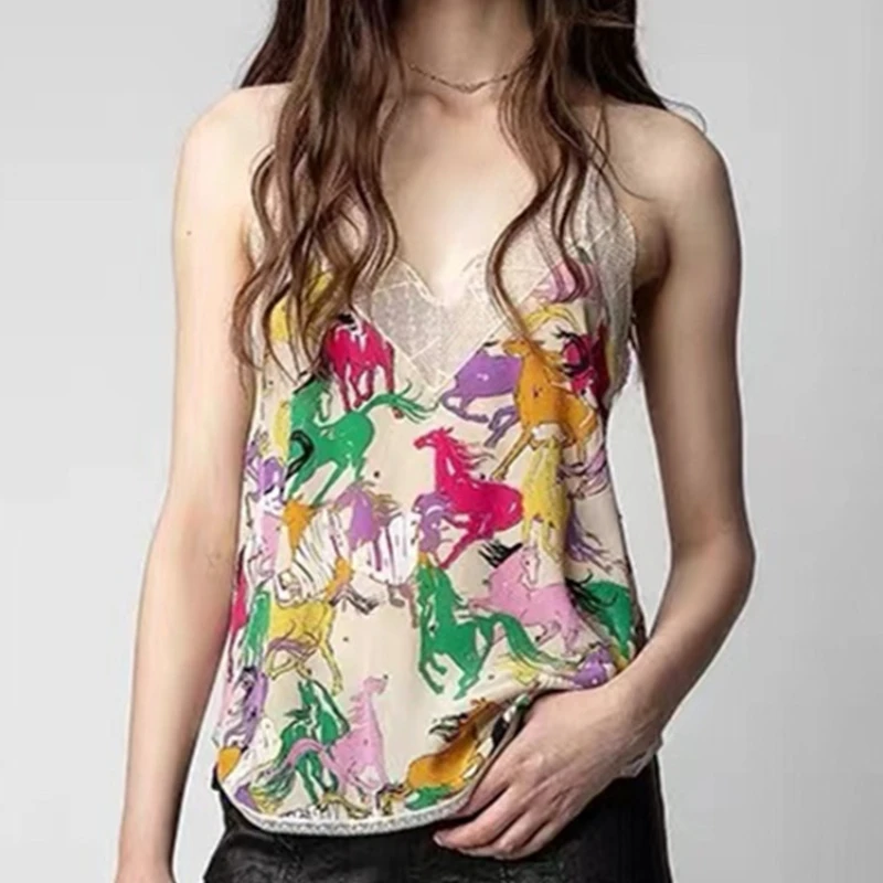 

Multicolor Horse Print Women Silk Camisole 2022 new Letter Lace Stitching Hot Rhinestones All-Match fashion Ladies Sling Top