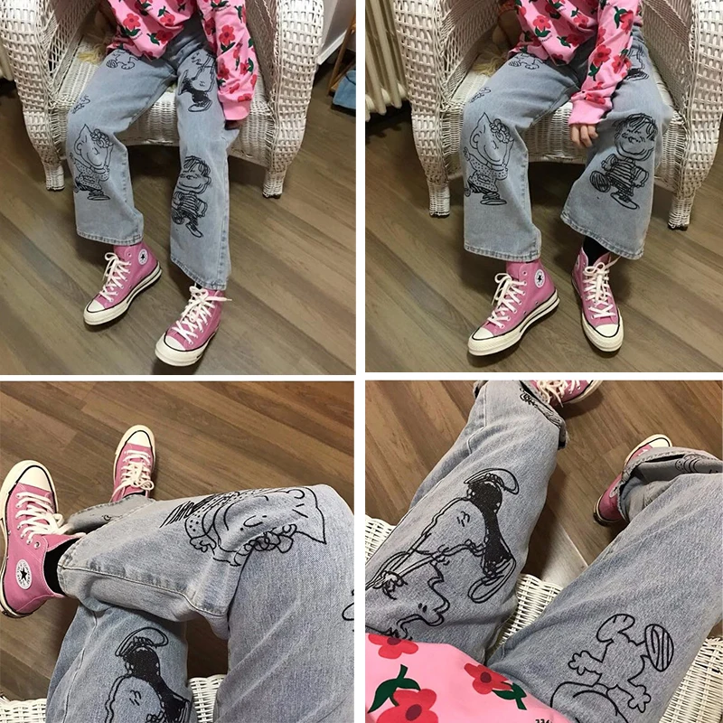 

Snoopy Spike Girls Cartoon Straight Jeans Kawaii Girls College Style Light Color Loose Bf Wide-Leg Pants All-Match Couple Gifts