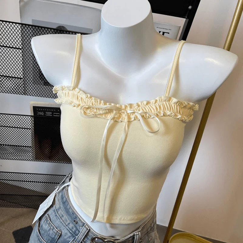 

Woman Fashion Cotton Camisole Bow Sweet Tie Hottie Summer Slim-fit a Line Neck Lace-up Short Camisole Girl Sexy Suspender Tanks