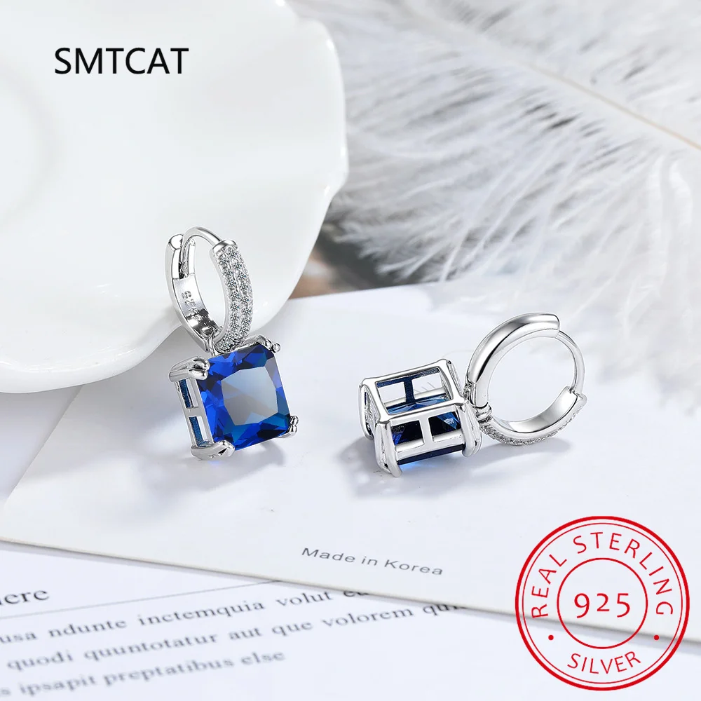 Серьги-кольца из стерлингового серебра 925 пробы с синим сапфиром огранки