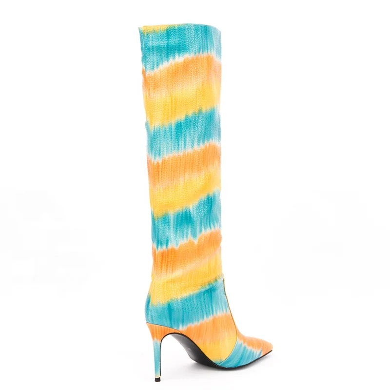 Multi Colors Tie-dyed Print Pointy Toe Women Shoes Booty Soft Pointy Toe Thin High Heel Knee High Boots for Women Big Size 47