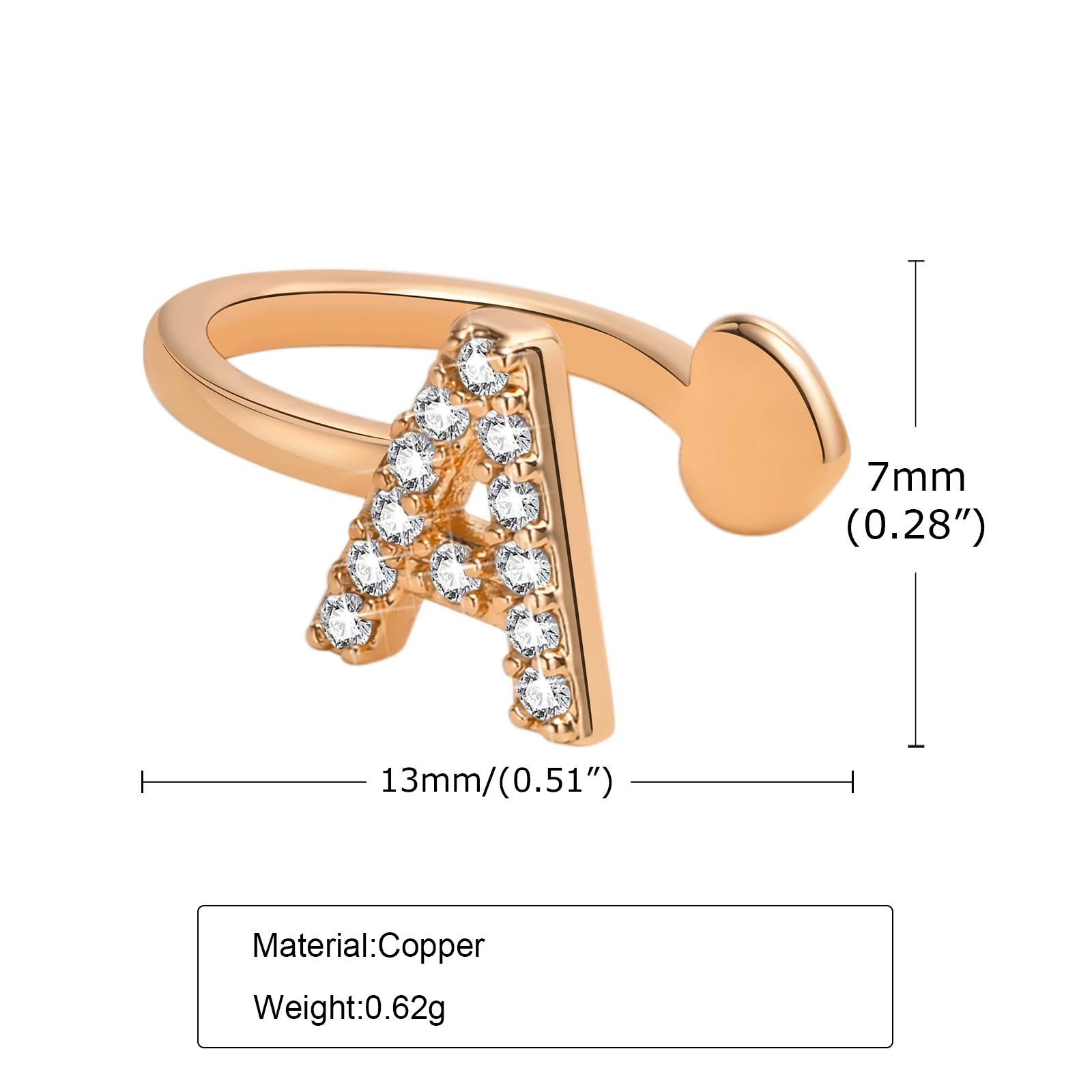 Vnox 1 Piece Bling CZ Stone Letter A to Z Ear Clips for Women Girls Party Gifts Jewelry Rose Gold Color Metal Accessories - купить по