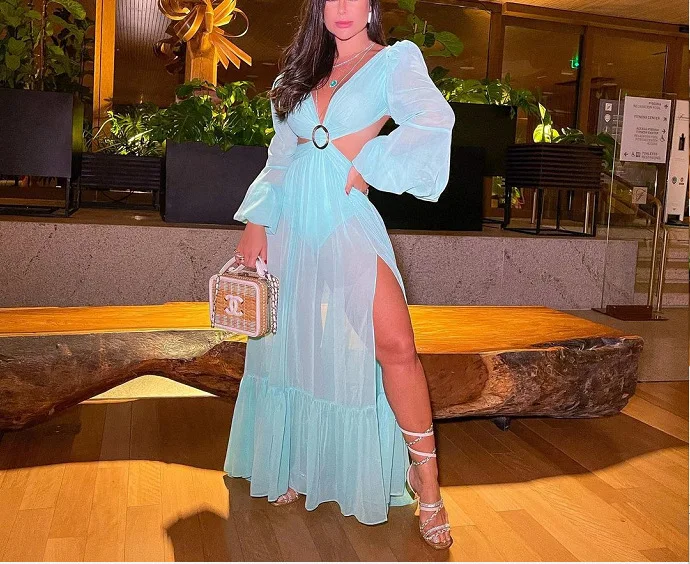 

Big Swing Sexy Dress Women Summer 2022 Lantern Long Sleeve V-neck Slit Blue Maxi Dresses