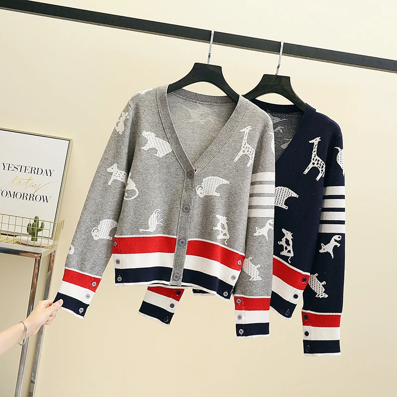 

Kawaii Harajuku Animal Knitting Women Cardigan Spring Grey Color Striped Loose Casual Lady Sweaters Tops