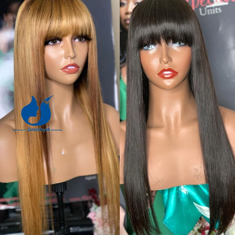 Straight Human Hair Wig With Bangs Remy Brazilian Hair Scalp Top Full Machine Made Wig Natural Black