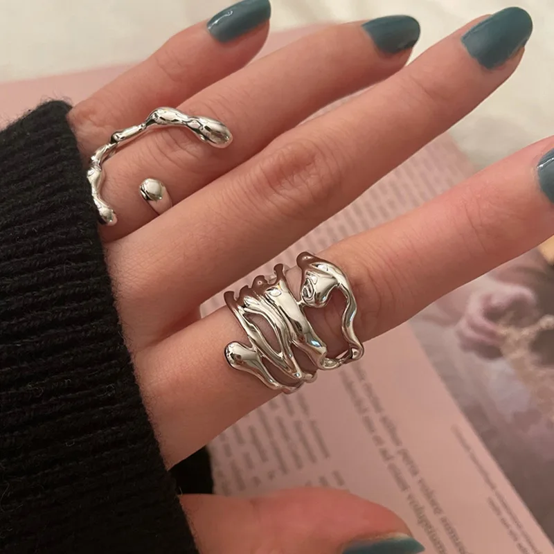 

Y2K Fashion Silver Color Minimalist Irregular Twined Finger Rings Creative Geometric Punk Opening Rings for Women Girls Jewelry