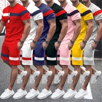 summer home casual mens thin short sleeved sports patchwork round neck fitness suit mens t shirt trend two piece set