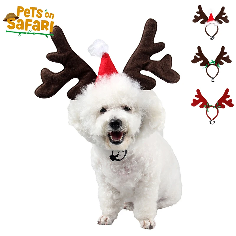 

Christmas Cat Puppy Antlers Hat Xmas Santa Deer Cat Dog Cosplay Costumes Adjustable Cute Headband Pet Head Wear